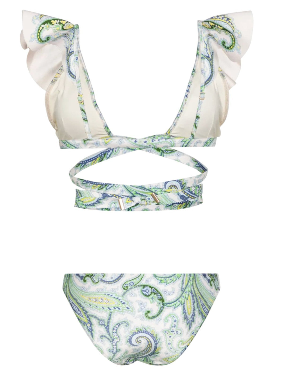 Zimmermann Ottie Wrap Ruffle Bikini | Green Paisley, Low Rise Bottoms, Frills