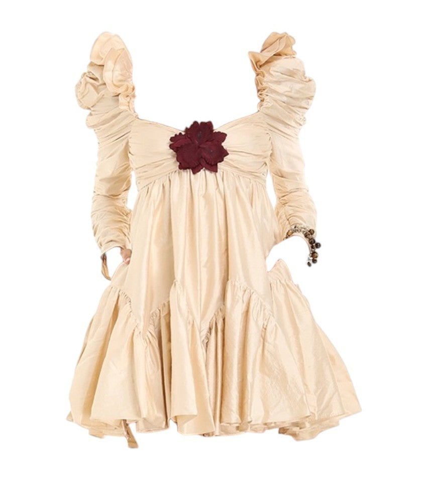 Zimmermann Kaleidoscope Ruched Mini Dress | Beige, Flower Brooch, Silk, Babydoll