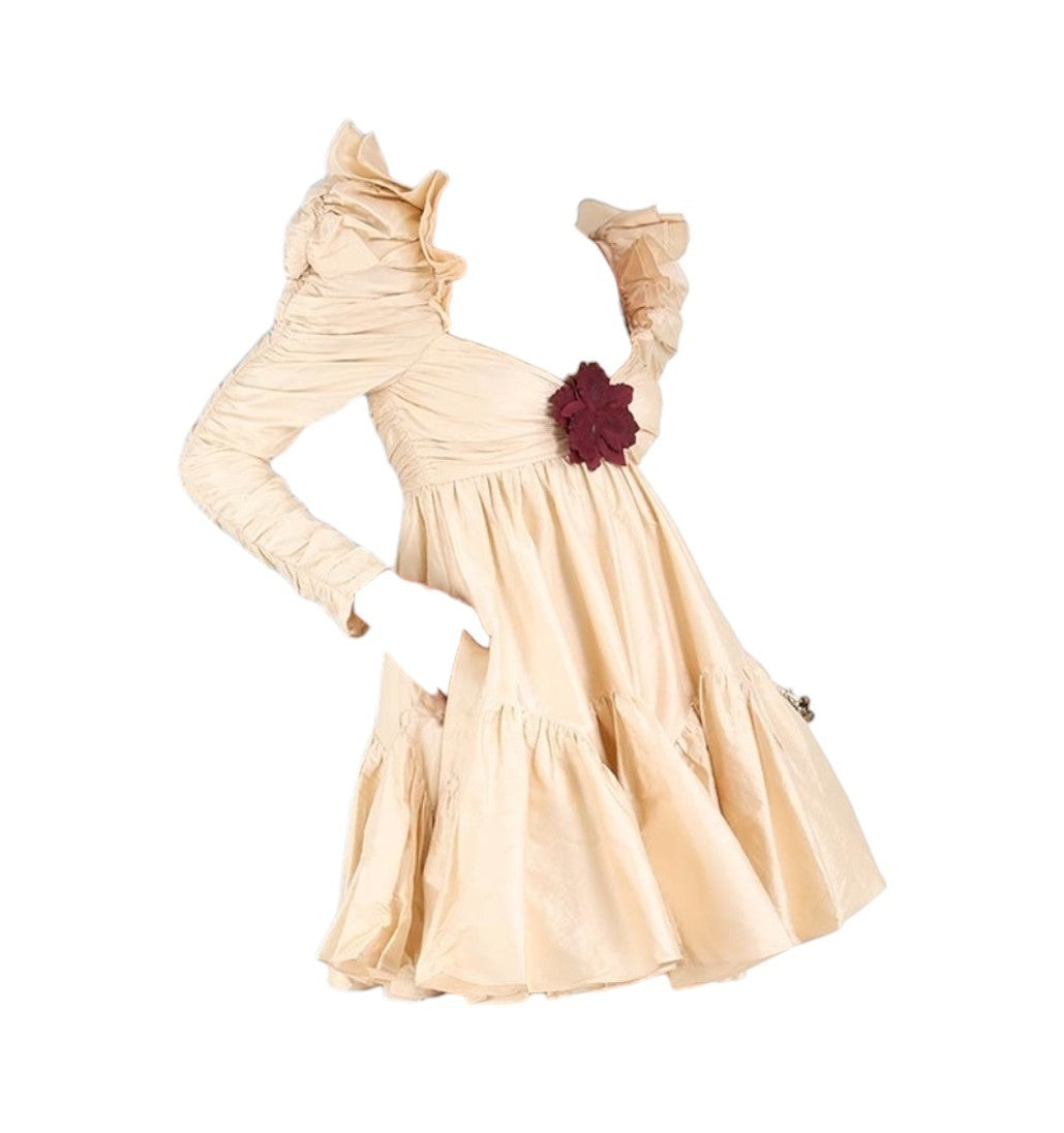 Zimmermann Kaleidoscope Ruched Mini Dress | Beige, Flower Brooch, Silk, Babydoll