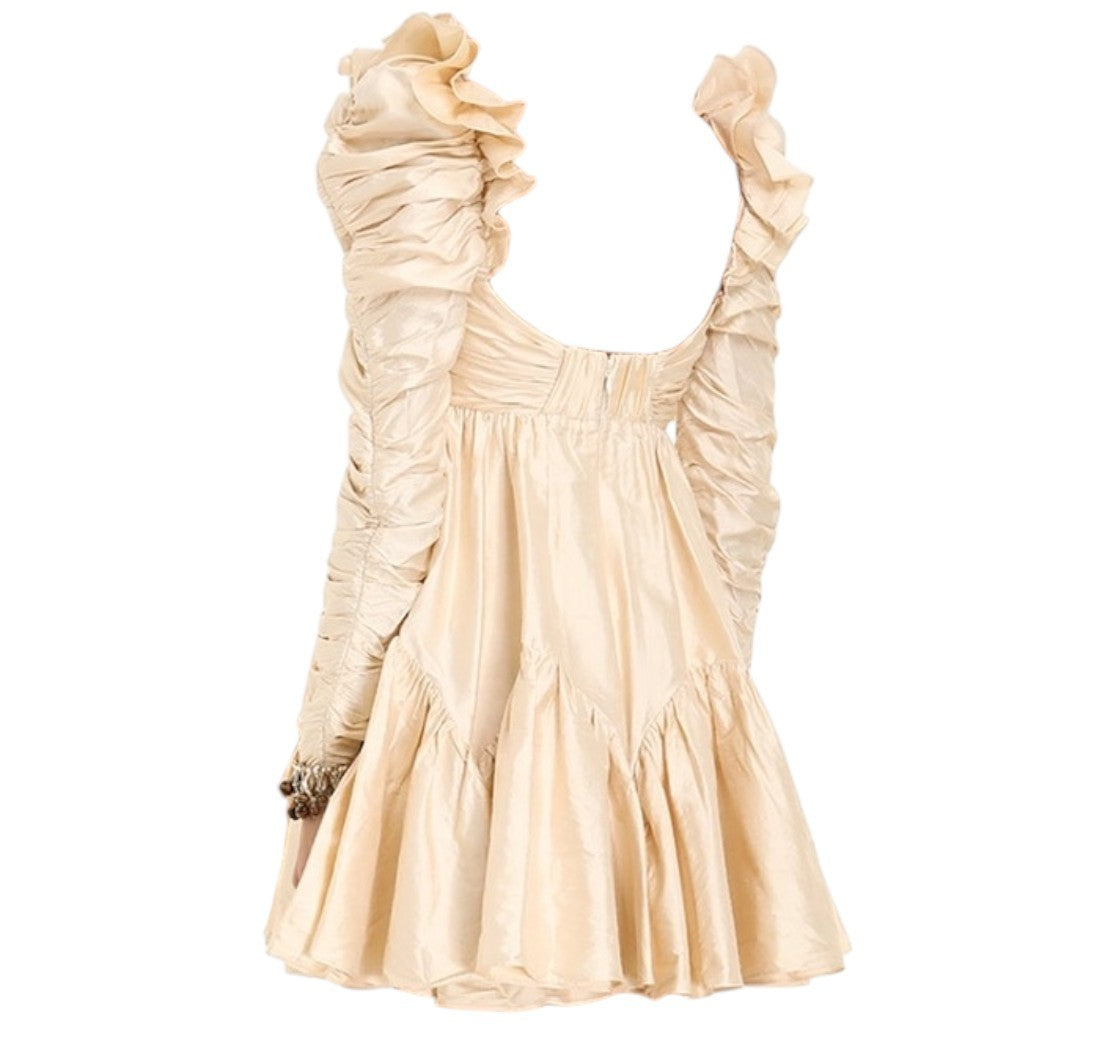 Zimmermann Kaleidoscope Ruched Mini Dress | Beige, Flower Brooch, Silk, Babydoll