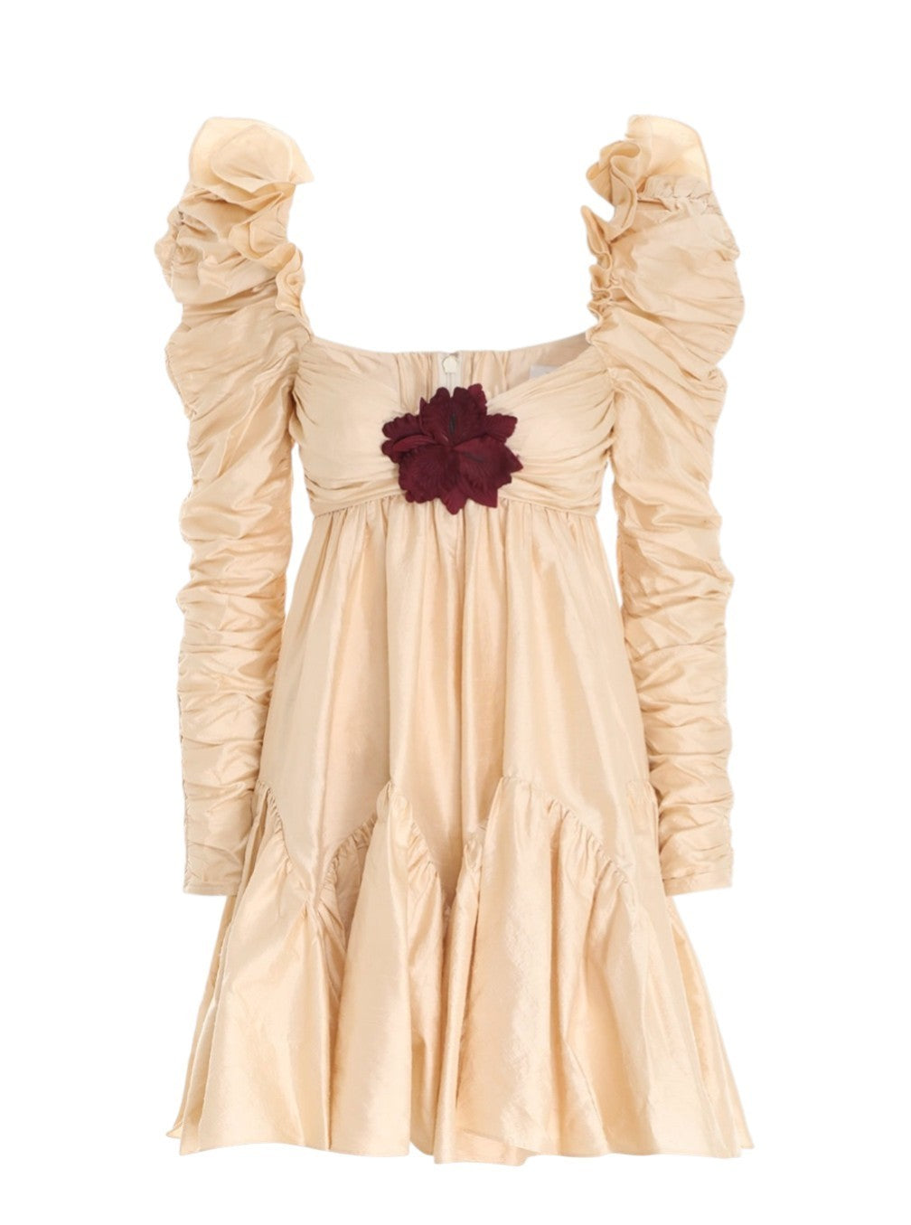 Zimmermann Kaleidoscope Ruched Mini Dress | Beige, Flower Brooch, Silk, Babydoll
