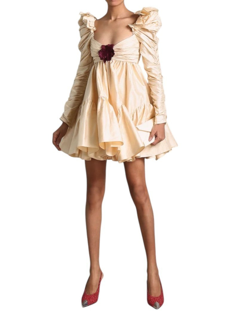 Zimmermann Kaleidoscope Ruched Mini Dress | Beige, Flower Brooch, Silk, Babydoll