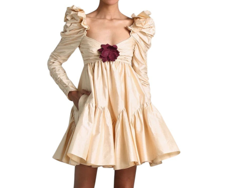 Zimmermann Kaleidoscope Ruched Mini Dress | Beige, Flower Brooch, Silk, Babydoll