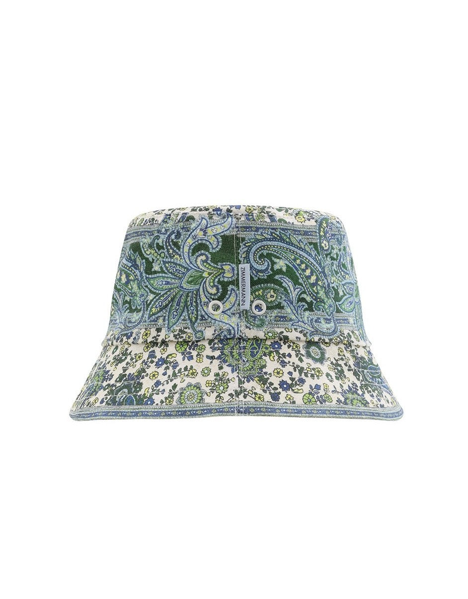 Zimmermann Printed Bucket Hat |Blue/Green Paisley Print, Linen, Eyelets, Bandana