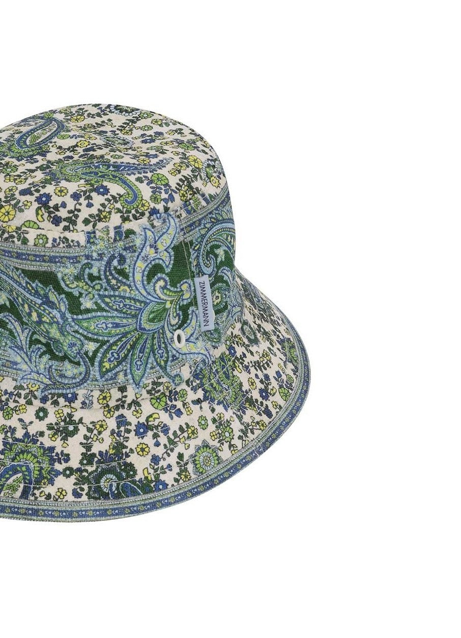 Zimmermann Printed Bucket Hat |Blue/Green Paisley Print, Linen, Eyelets, Bandana