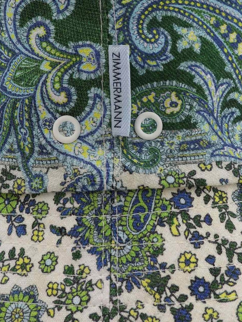 Zimmermann Printed Bucket Hat |Blue/Green Paisley Print, Linen, Eyelets, Bandana