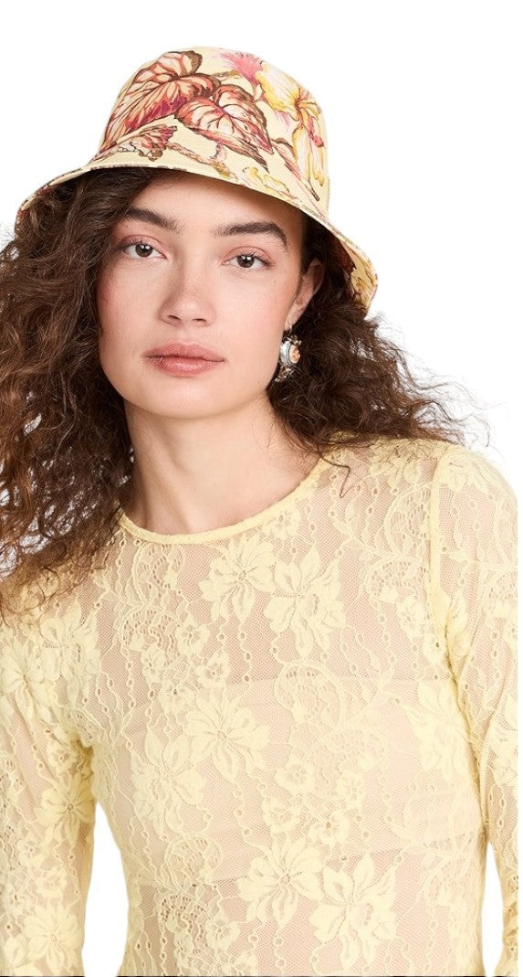 Zimmermann Printed Bucket Hat |Blue/Green Paisley Print, Linen, Eyelets, Bandana