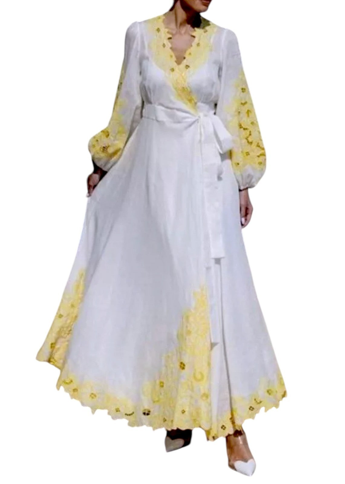 Zimmermann Golden Embroidered Midi Dress | White/Yellow, Wrap, Anglaise, Dolman