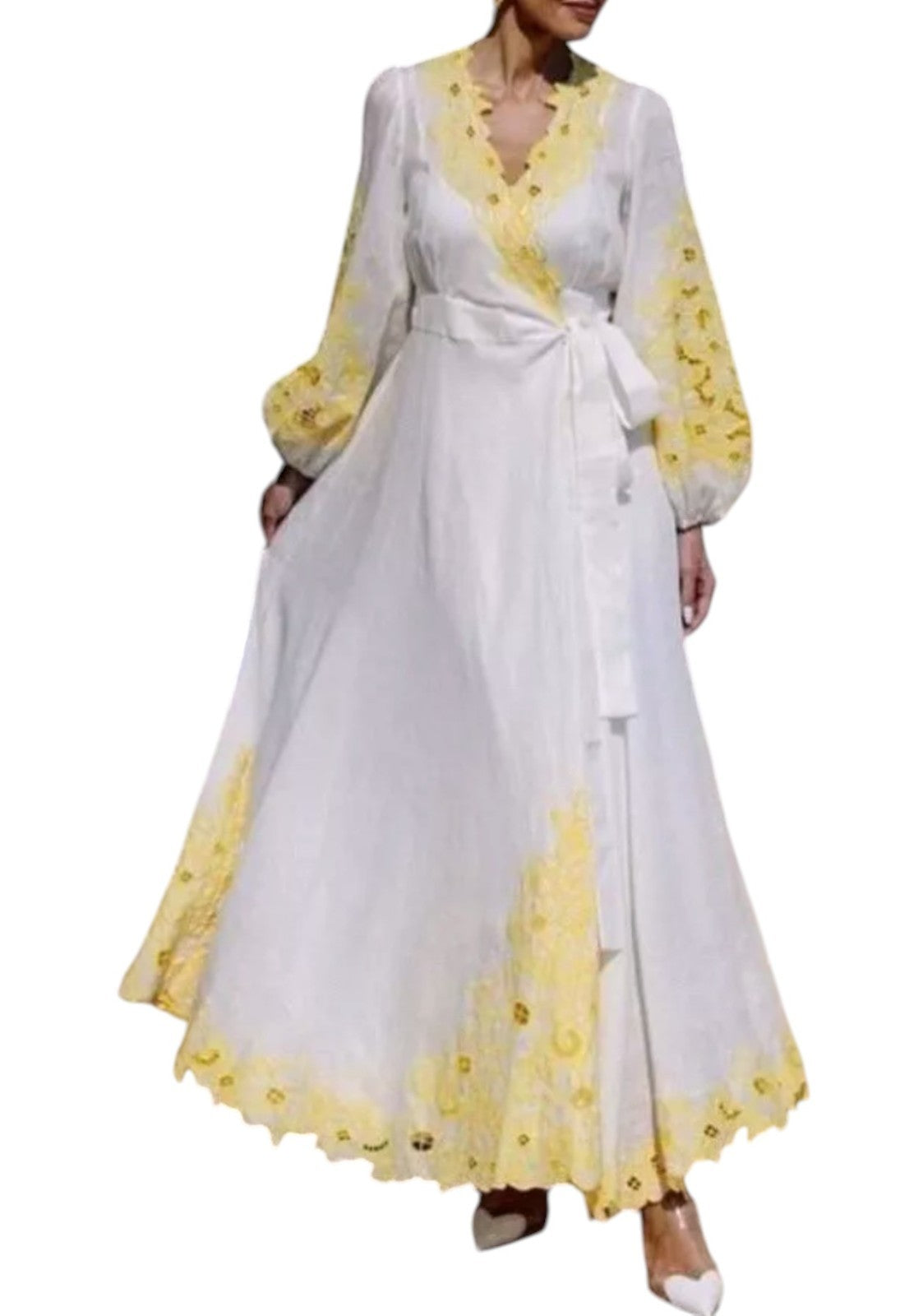 Zimmermann Golden Embroidered Midi Dress | White/Yellow, Wrap, Anglaise, Dolman