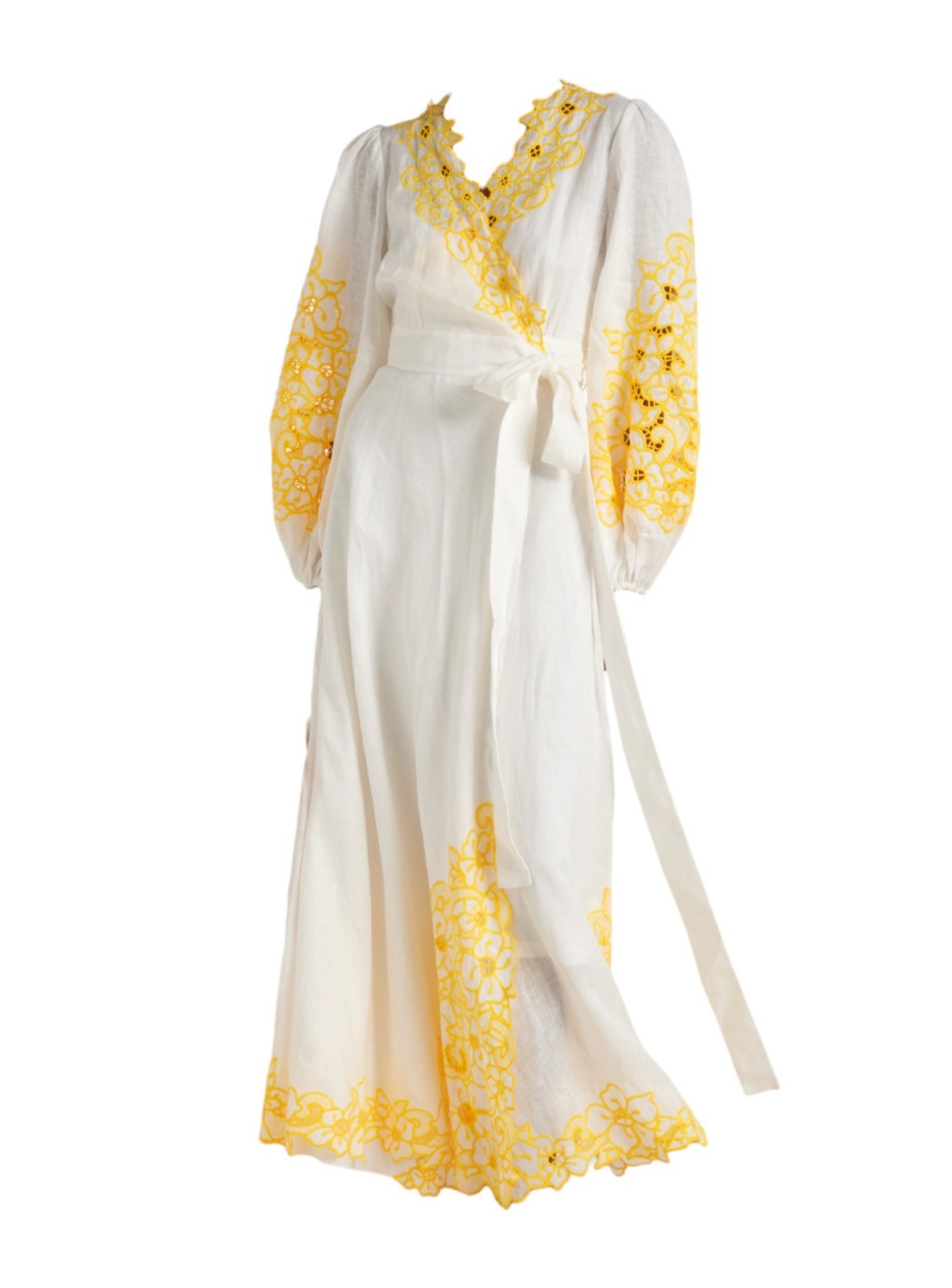 Zimmermann Golden Embroidered Midi Dress | White/Yellow, Wrap, Anglaise, Dolman