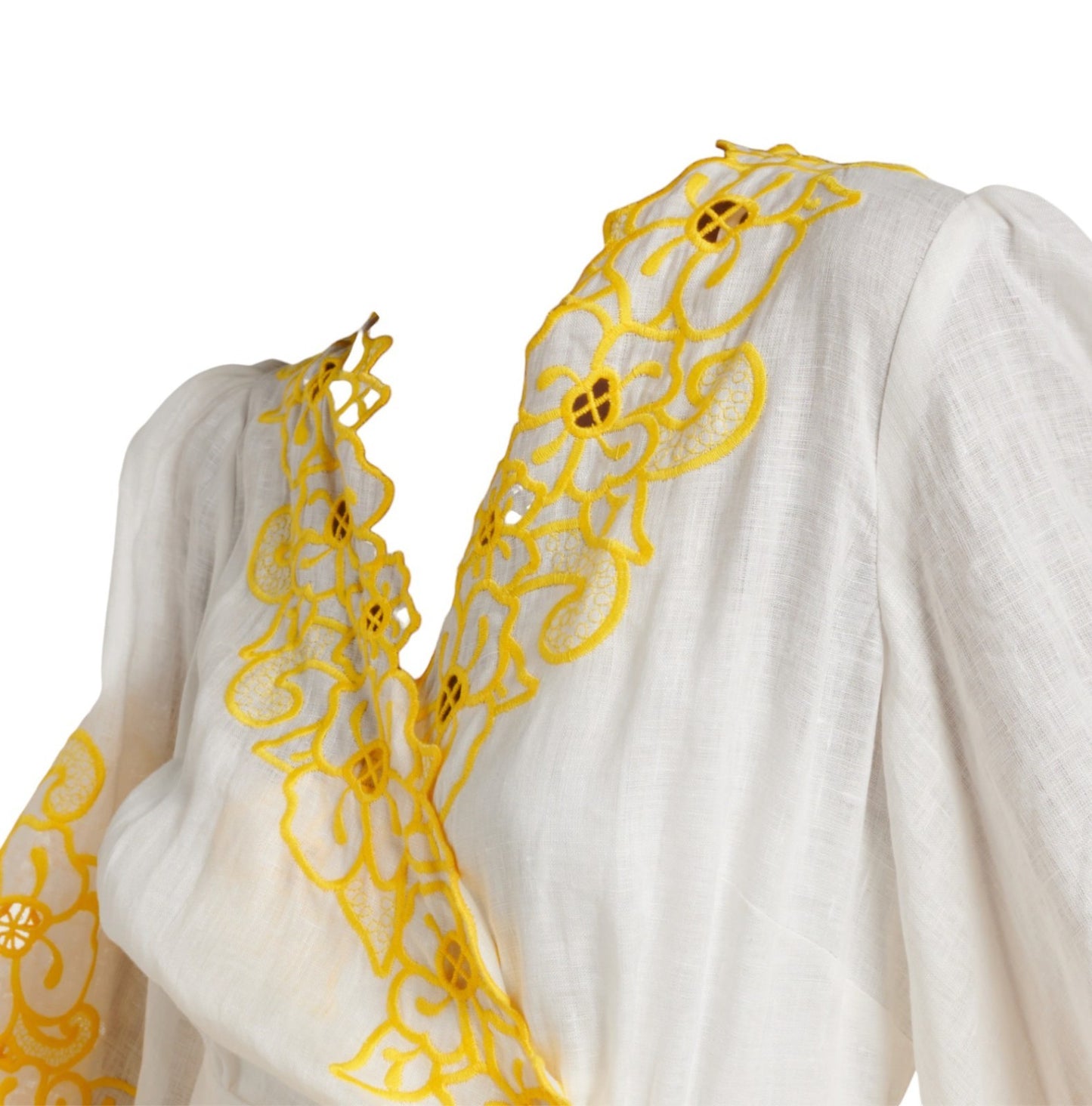 Zimmermann Golden Embroidered Midi Dress | White/Yellow, Wrap, Anglaise, Dolman