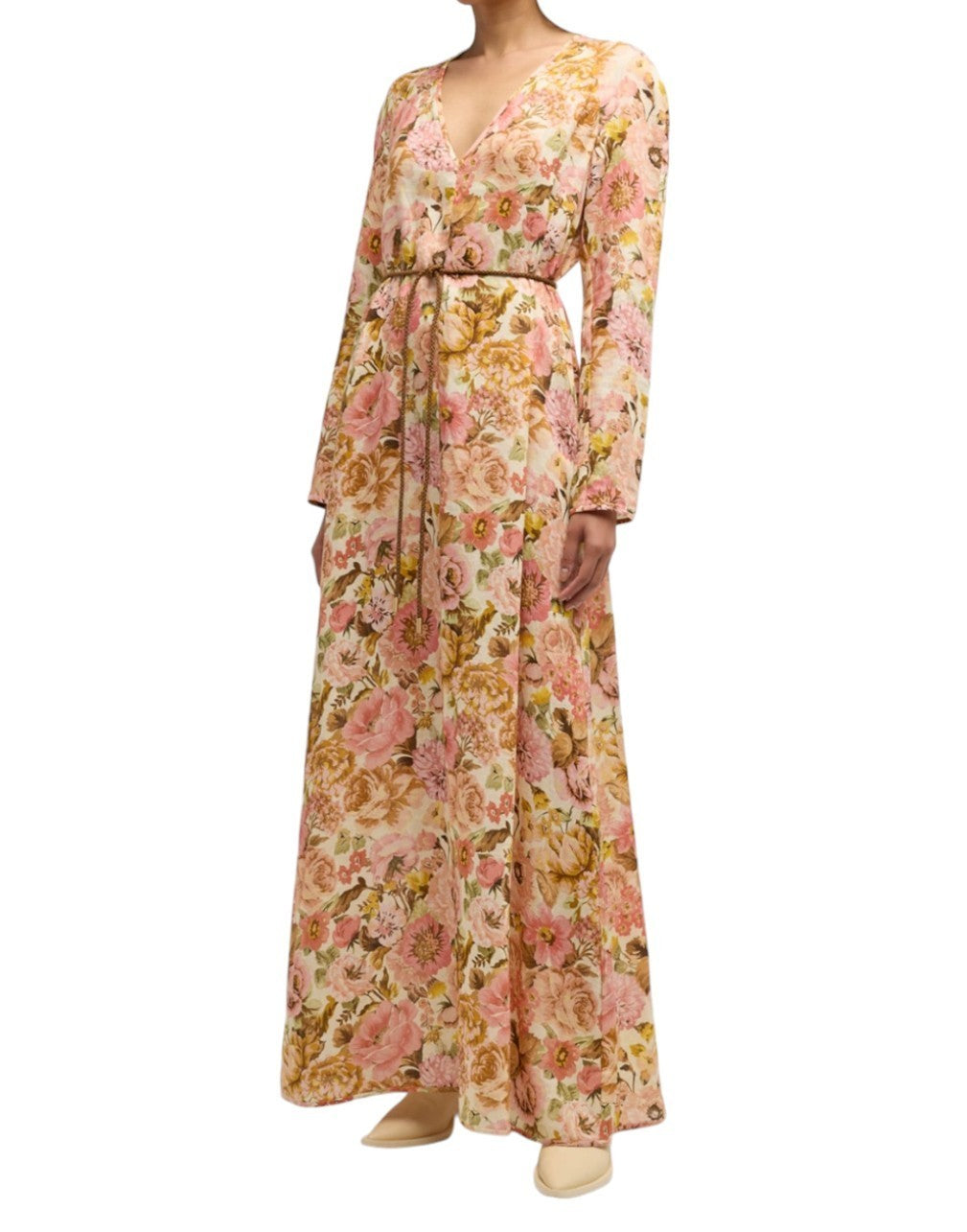 Zimmermann Golden Plunge Maxi Dress | Pink Rose Floral, Belt, Linen, Long Sleeve