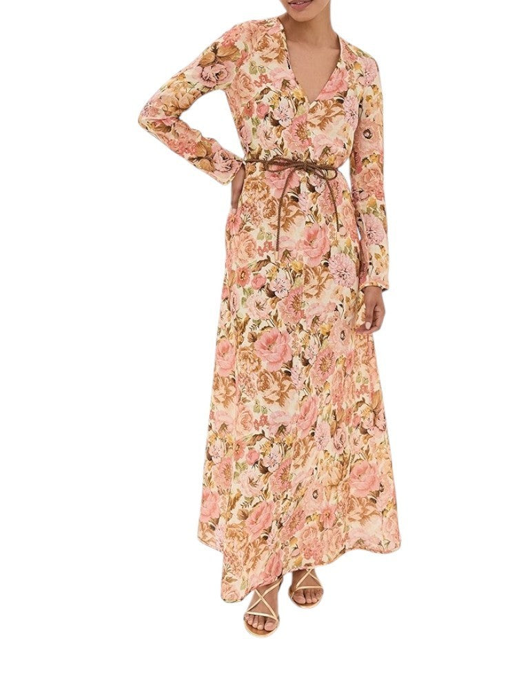 Zimmermann Golden Plunge Maxi Dress | Pink Rose Floral, Belt, Linen, Long Sleeve
