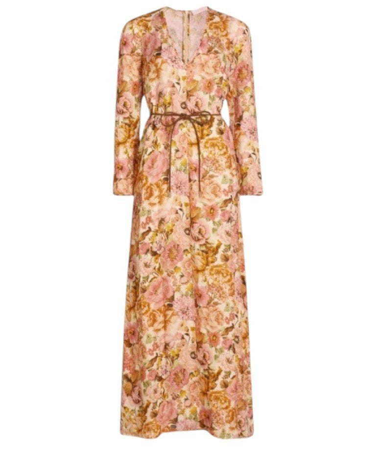 Zimmermann Golden Plunge Maxi Dress | Pink Rose Floral, Belt, Linen, Long Sleeve
