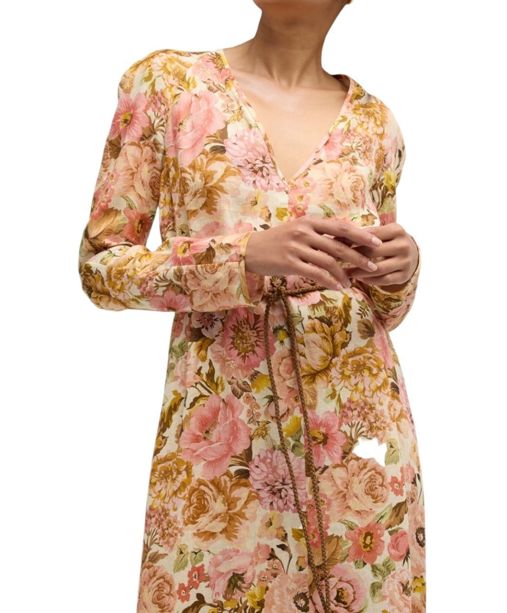 Zimmermann Golden Plunge Maxi Dress | Pink Rose Floral, Belt, Linen, Long Sleeve