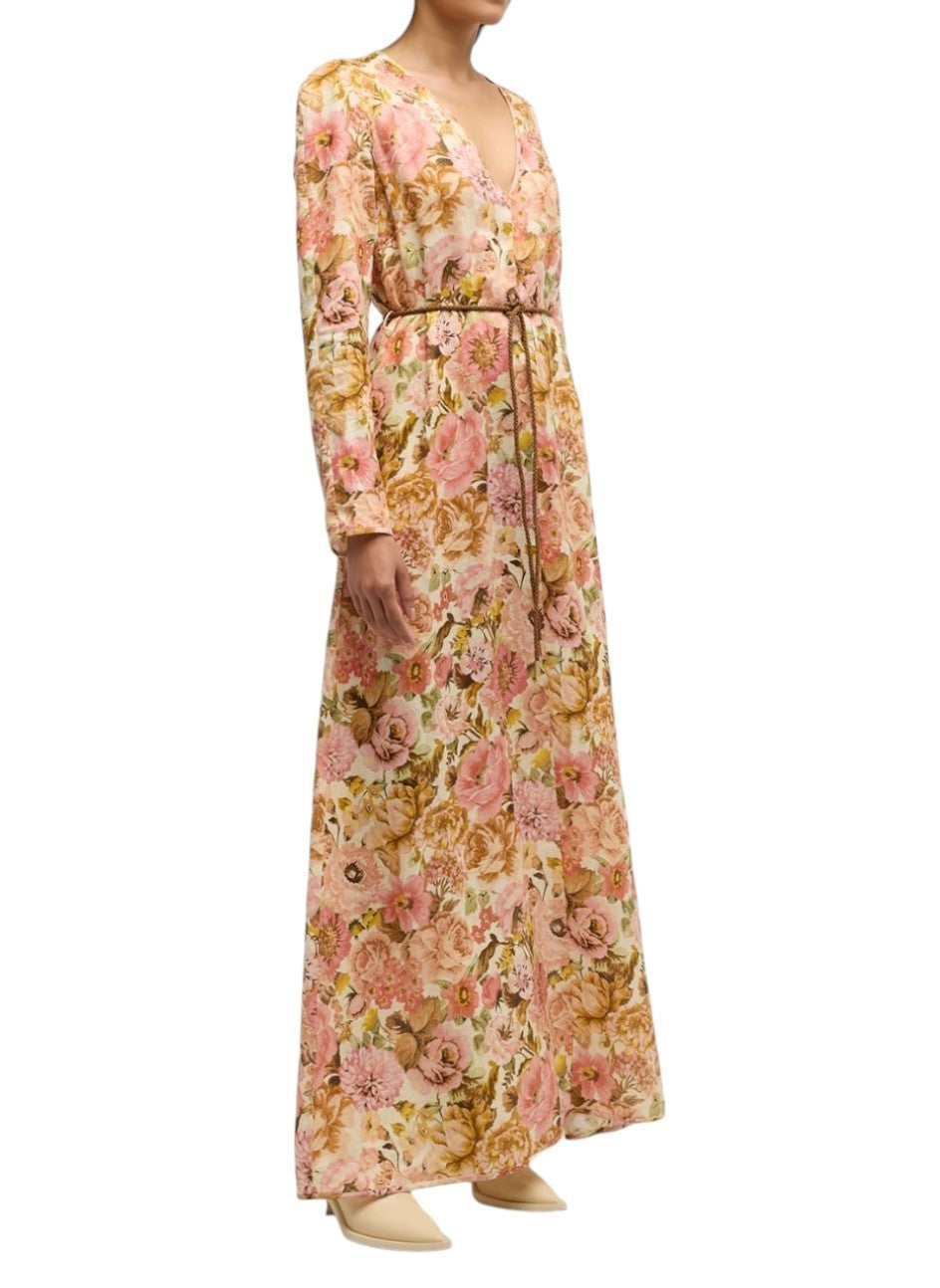 Zimmermann Golden Plunge Maxi Dress | Pink Rose Floral, Belt, Linen, Long Sleeve