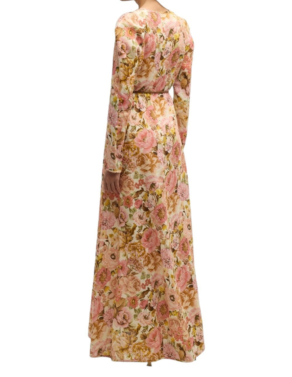 Zimmermann Golden Plunge Maxi Dress | Pink Rose Floral, Belt, Linen, Long Sleeve
