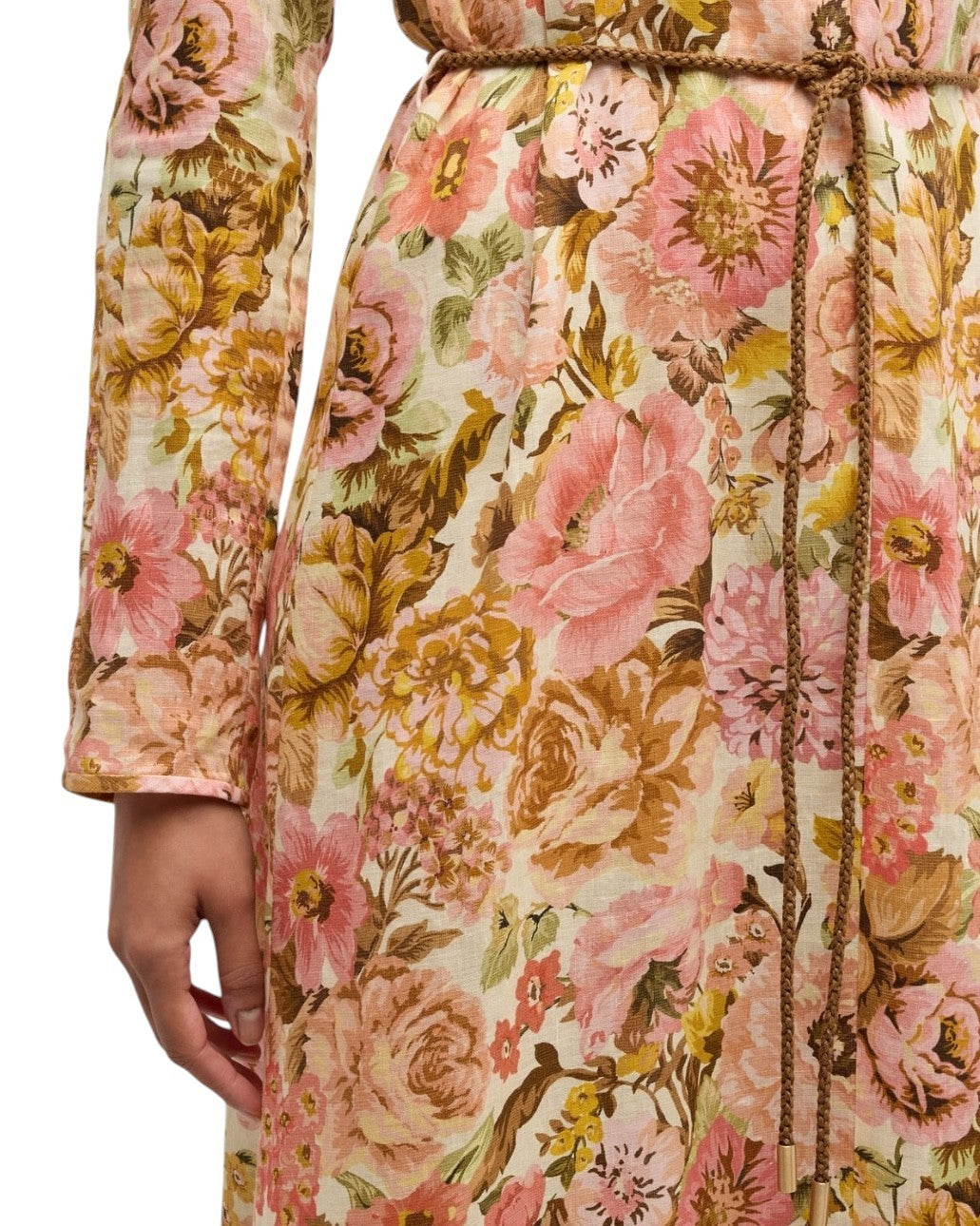 Zimmermann Golden Plunge Maxi Dress | Pink Rose Floral, Belt, Linen, Long Sleeve
