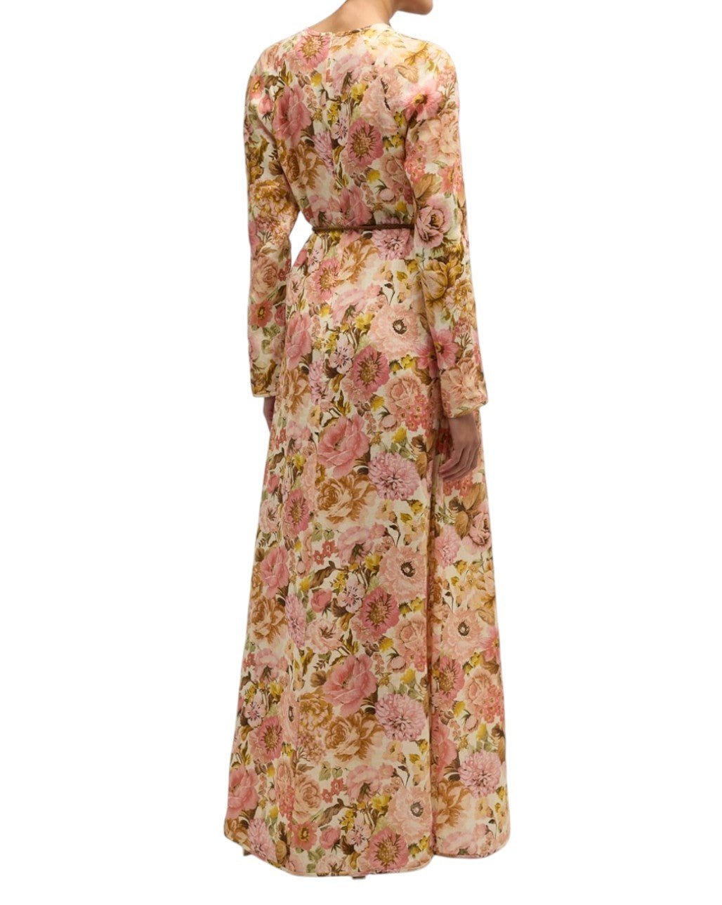 Zimmermann Golden Plunge Maxi Dress | Pink Rose Floral, Belt, Linen, Long Sleeve