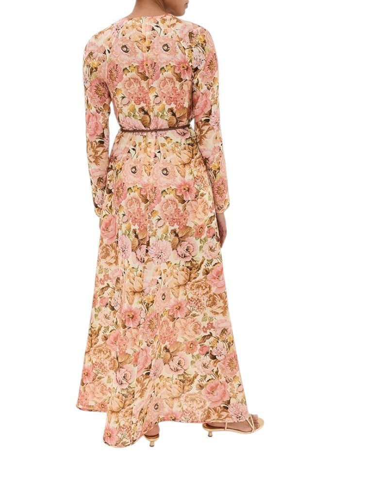 Zimmermann Golden Plunge Maxi Dress | Pink Rose Floral, Belt, Linen, Long Sleeve