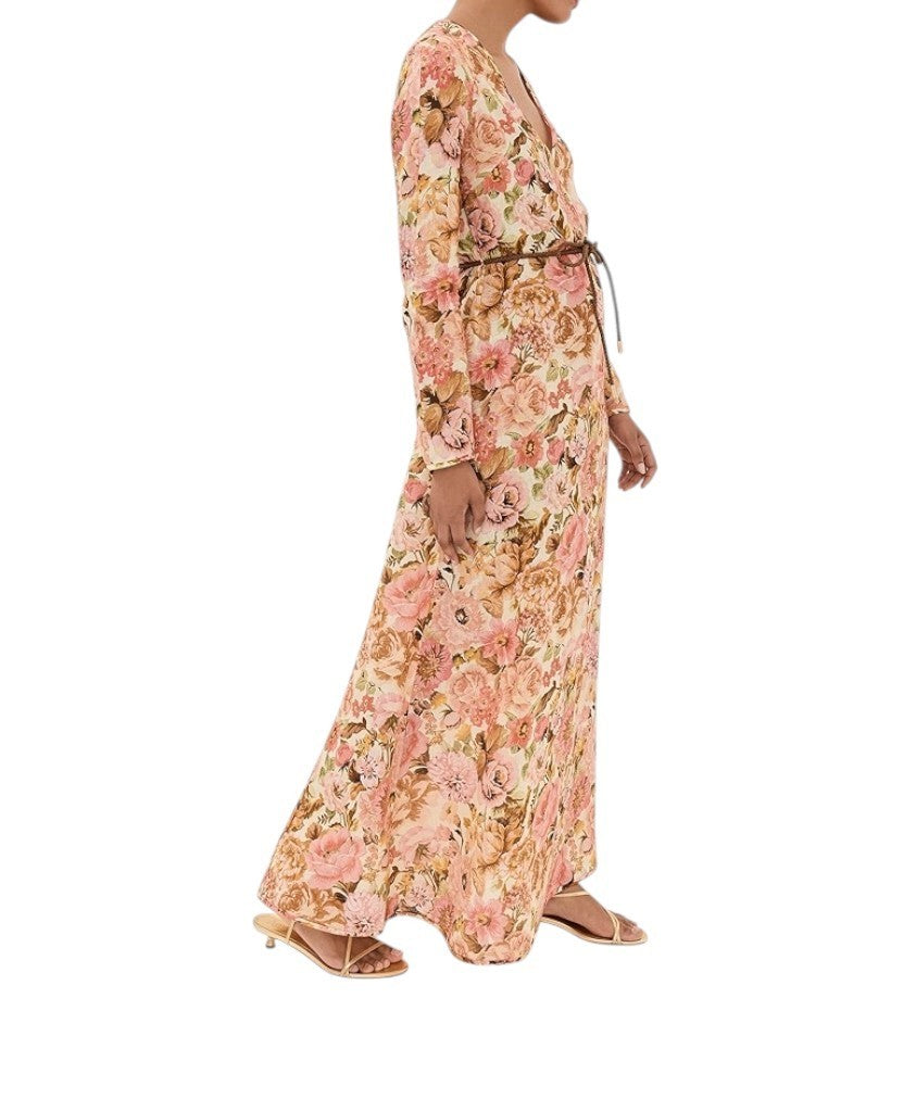 Zimmermann Golden Plunge Maxi Dress | Pink Rose Floral, Belt, Linen, Long Sleeve