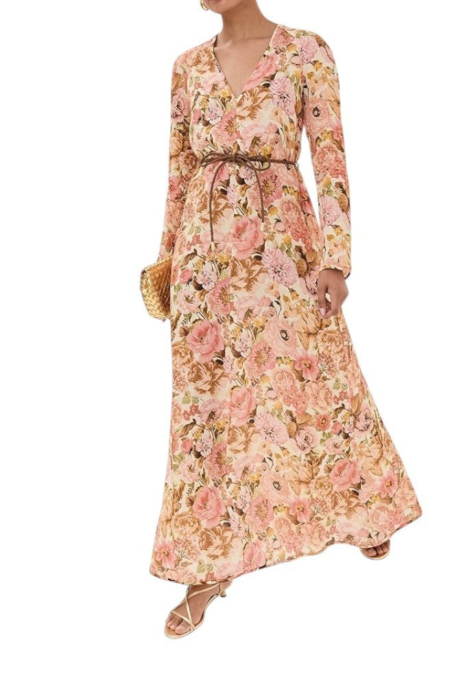 Zimmermann Golden Plunge Maxi Dress | Pink Rose Floral, Belt, Linen, Long Sleeve