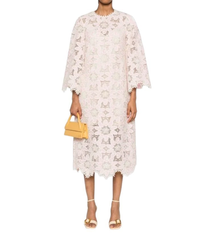 Zimmermann Ottie Lace Midi Dress |Pink/White/Cream, Overlay, Cotton, Long Sleeve