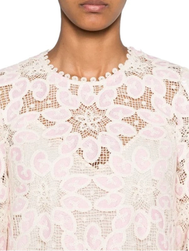 Zimmermann Ottie Lace Midi Dress |Pink/White/Cream, Overlay, Cotton, Long Sleeve