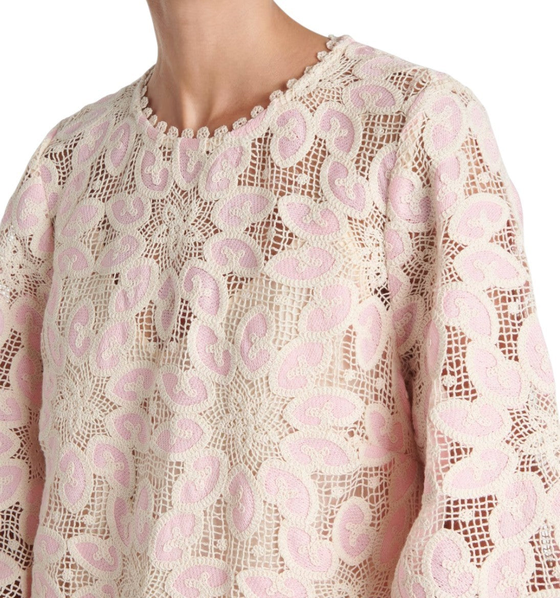 Zimmermann Ottie Lace Midi Dress |Pink/White/Cream, Overlay, Cotton, Long Sleeve