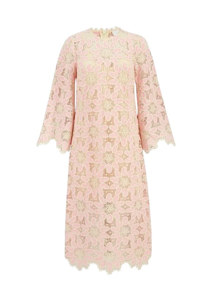 Zimmermann Ottie Lace Midi Dress |Pink/White/Cream, Overlay, Cotton, Long Sleeve