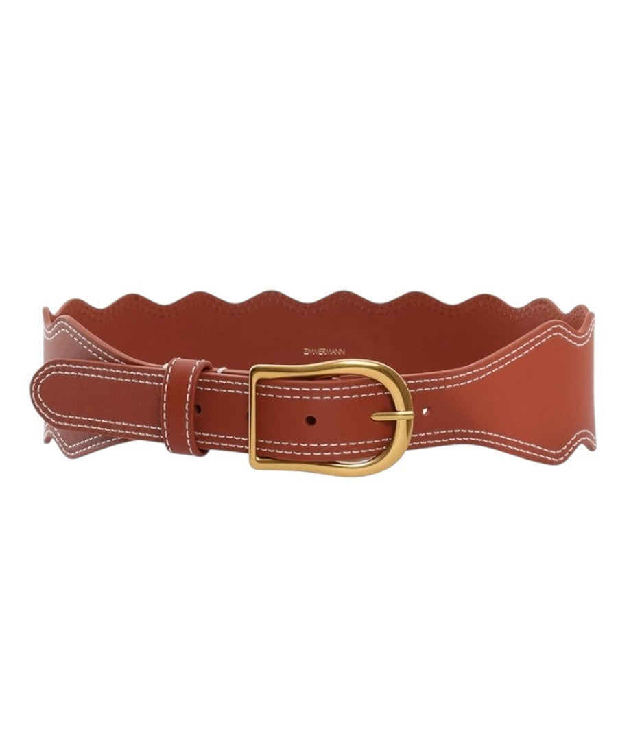 Zimmermann Wave Leather Waist Belt |Brandy Tan/Brown, Gold Buckle, Topstitching