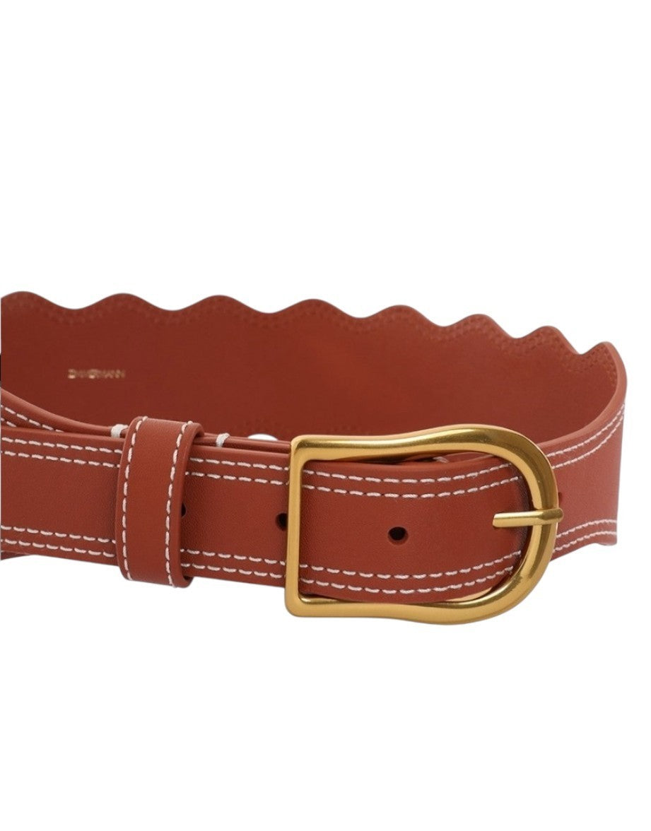 Zimmermann Wave Leather Waist Belt |Brandy Tan/Brown, Gold Buckle, Topstitching