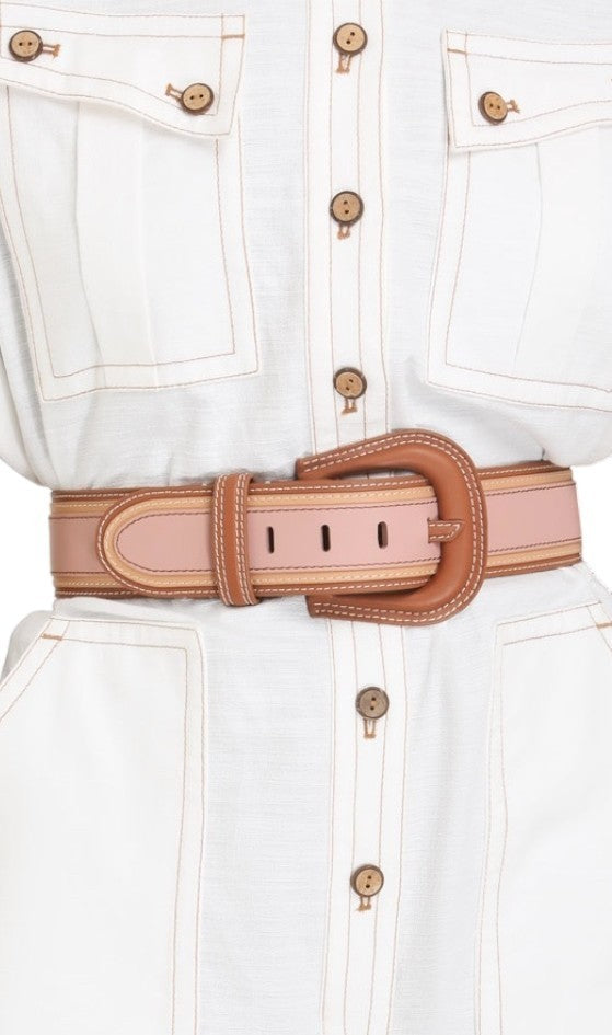 Zimmermann Zimmermann Wide Stripe Belt |Tan/Pink, Leather, Topstitching, Waist