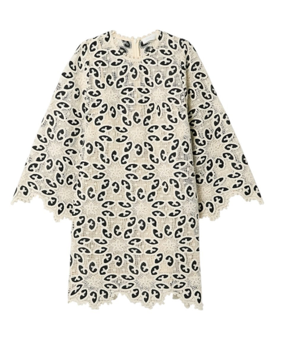 Zimmermann Ottie Lace Mini Dress |Black/White/Cream, Overlay, Long Flare Sleeve