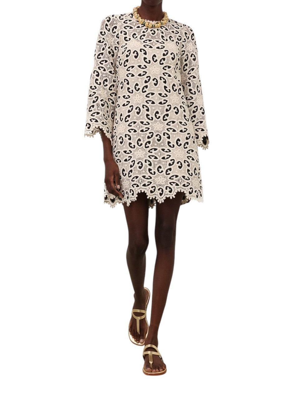 Zimmermann Ottie Lace Mini Dress |Black/White/Cream, Overlay, Long Flare Sleeve