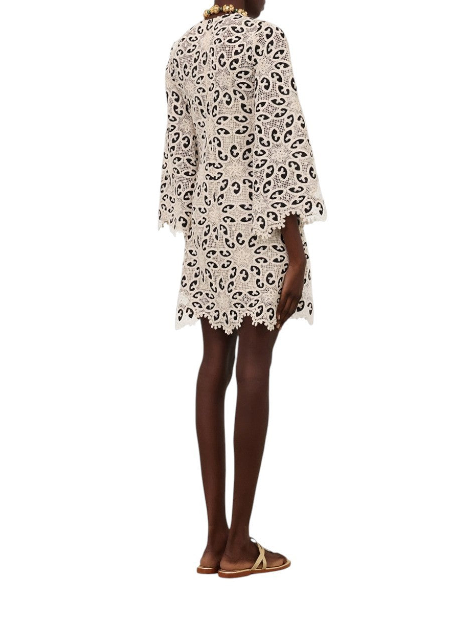 Zimmermann Ottie Lace Mini Dress |Black/White/Cream, Overlay, Long Flare Sleeve