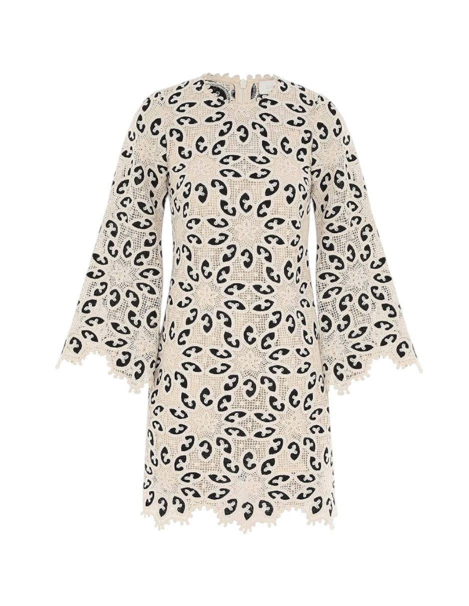 Zimmermann Ottie Lace Mini Dress |Black/White/Cream, Overlay, Long Flare Sleeve