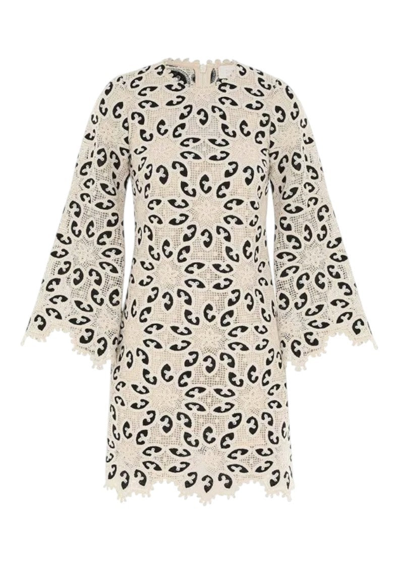 Zimmermann Ottie Lace Mini Dress |Black/White/Cream, Overlay, Long Flare Sleeve