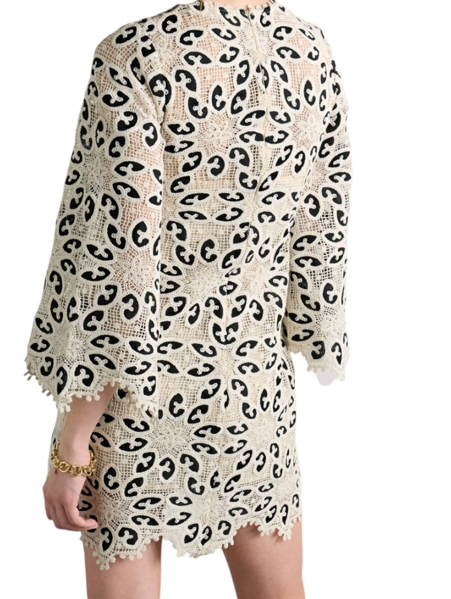 Zimmermann Ottie Lace Mini Dress |Black/White/Cream, Overlay, Long Flare Sleeve
