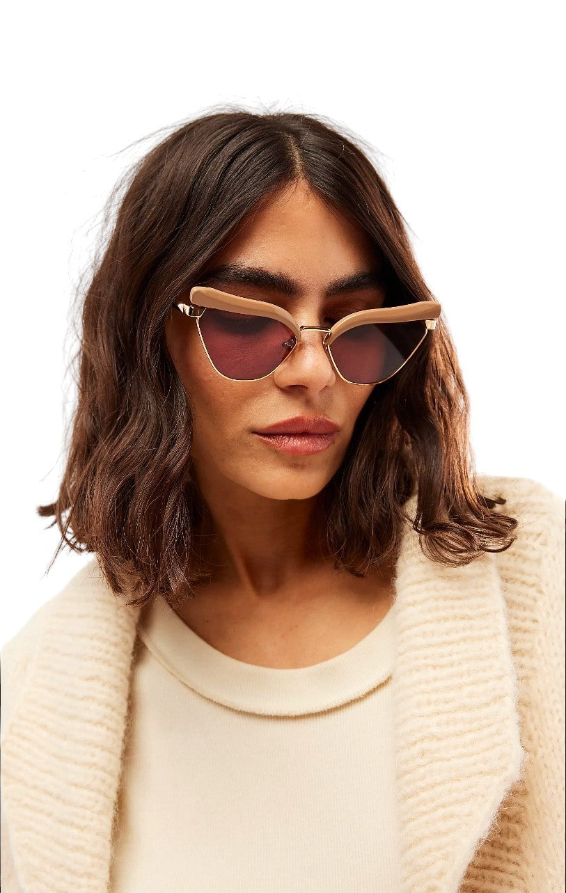 Karen Walker Fantasia Sunglasses | Taupe/Gold, Pink Lens, Cat Eye, Metal/Acetate
