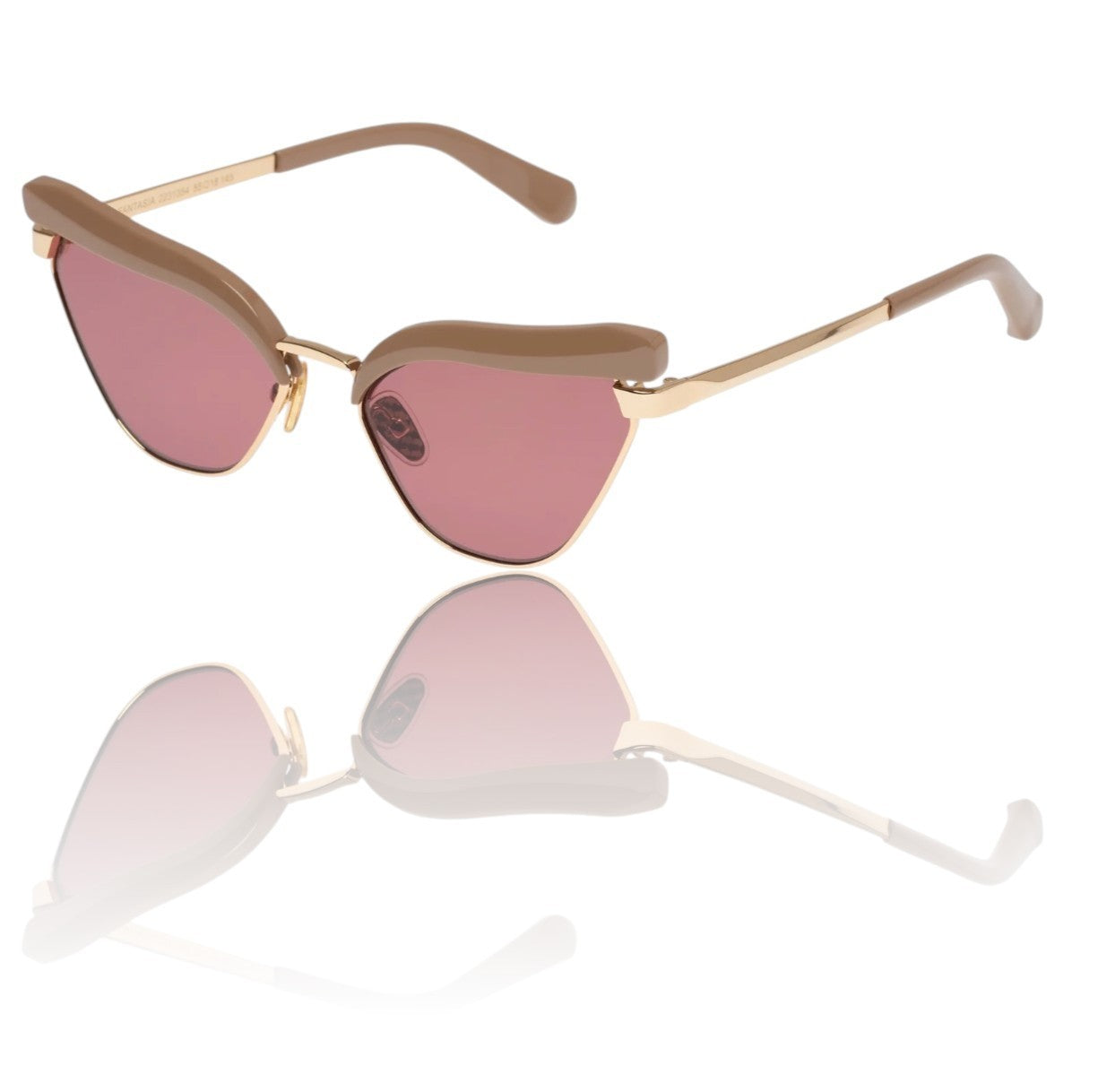 Karen Walker Fantasia Sunglasses | Taupe/Gold, Pink Lens, Cat Eye, Metal/Acetate
