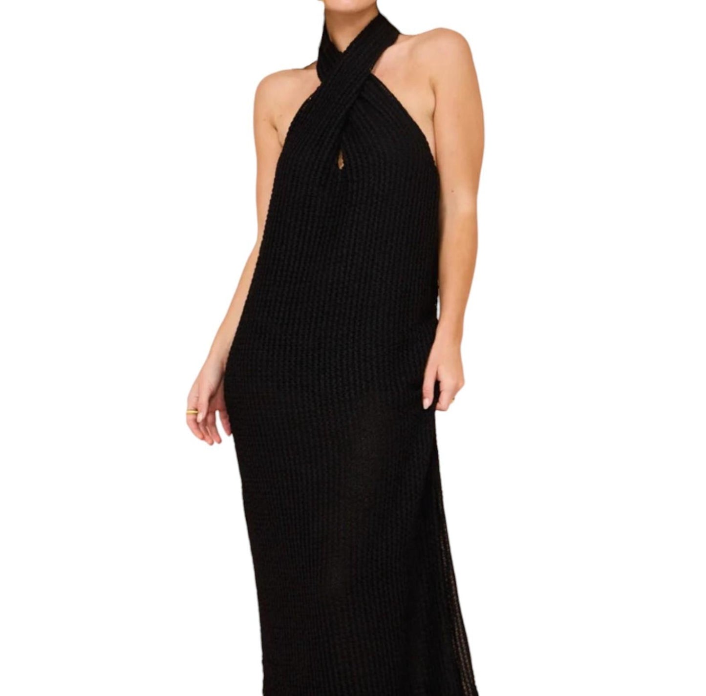 CAMILLA & MARC Willa Halter Dress | Black, Sz 10, Textured, Backless, Side Slit