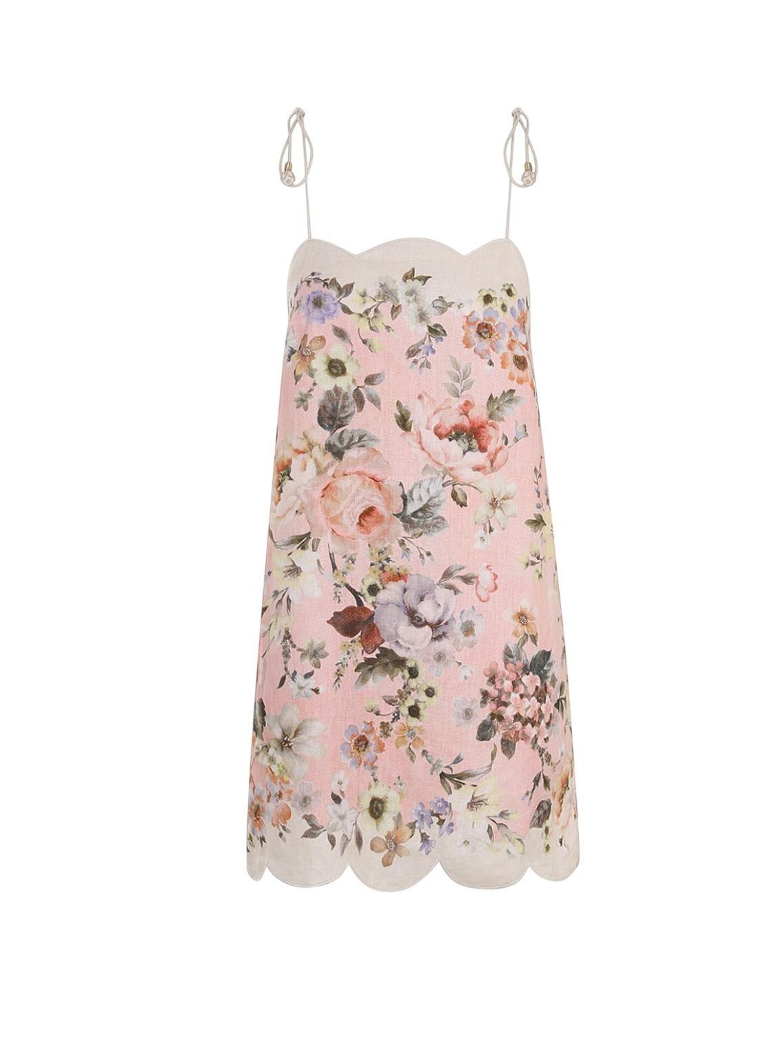 Zimmermann Acacia Scallop Mini Dress | Pink Floral, Spaghetti Tie Shoulders