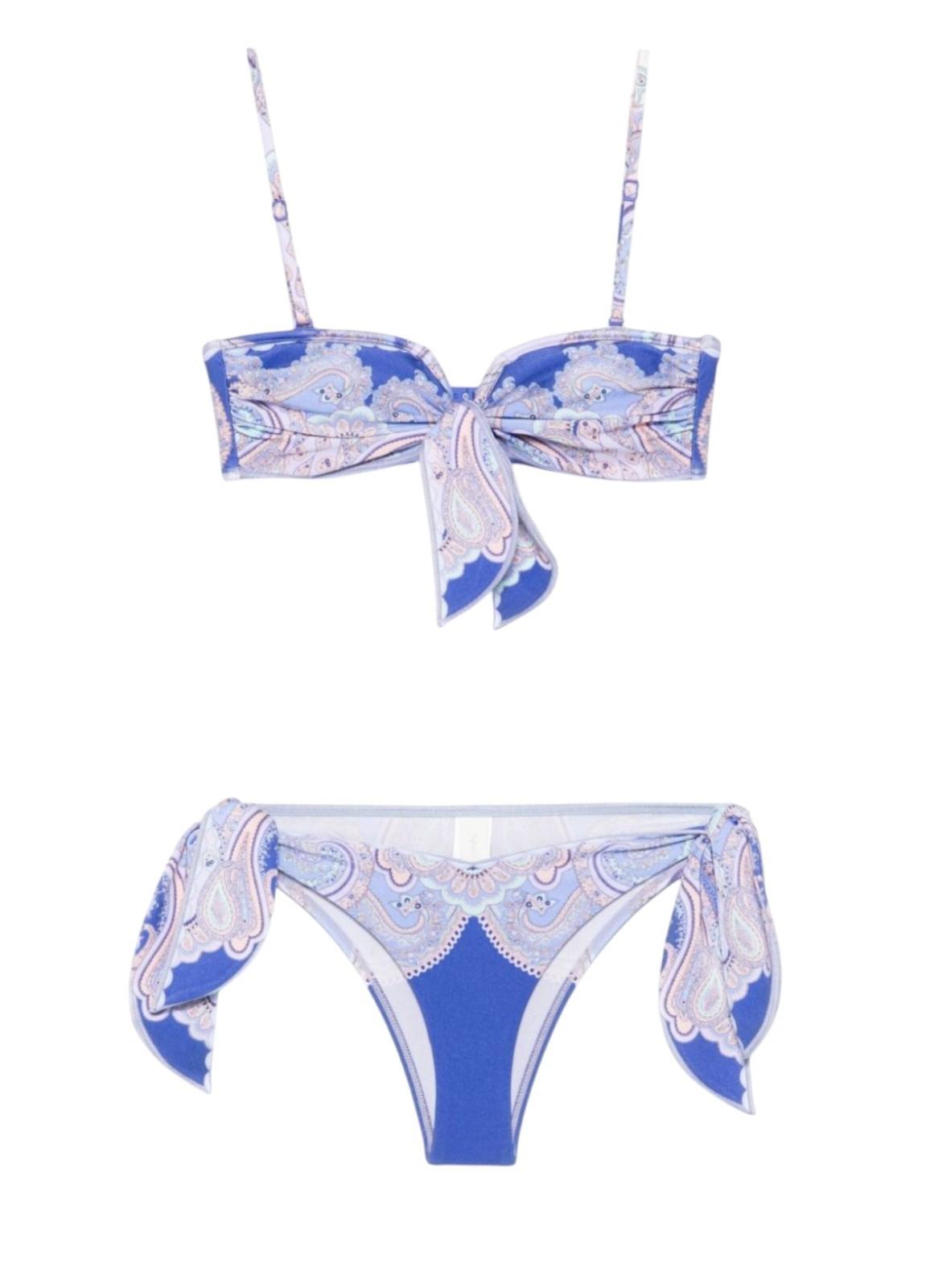 Zimmermann Maxine Scarf Tie Bikini | Blue Paisley, Front Tie Bandeau Top, Low
