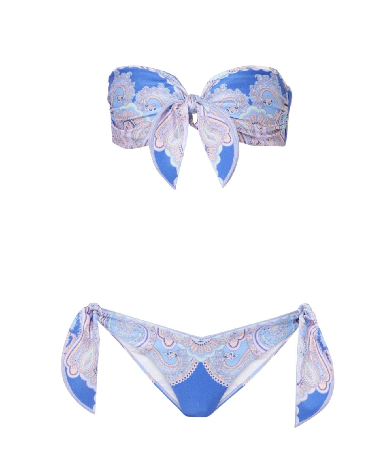 Zimmermann Maxine Scarf Tie Bikini | Blue Paisley, Front Tie Bandeau Top, Low
