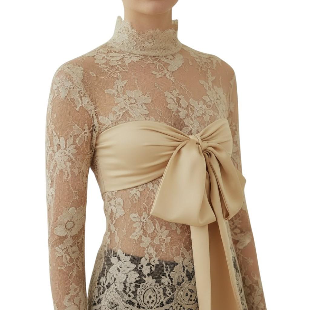 Zimmermann Illustration Bow Bodice |Tea/Beige, Lace, Long Sleeve, Sheer, Silk