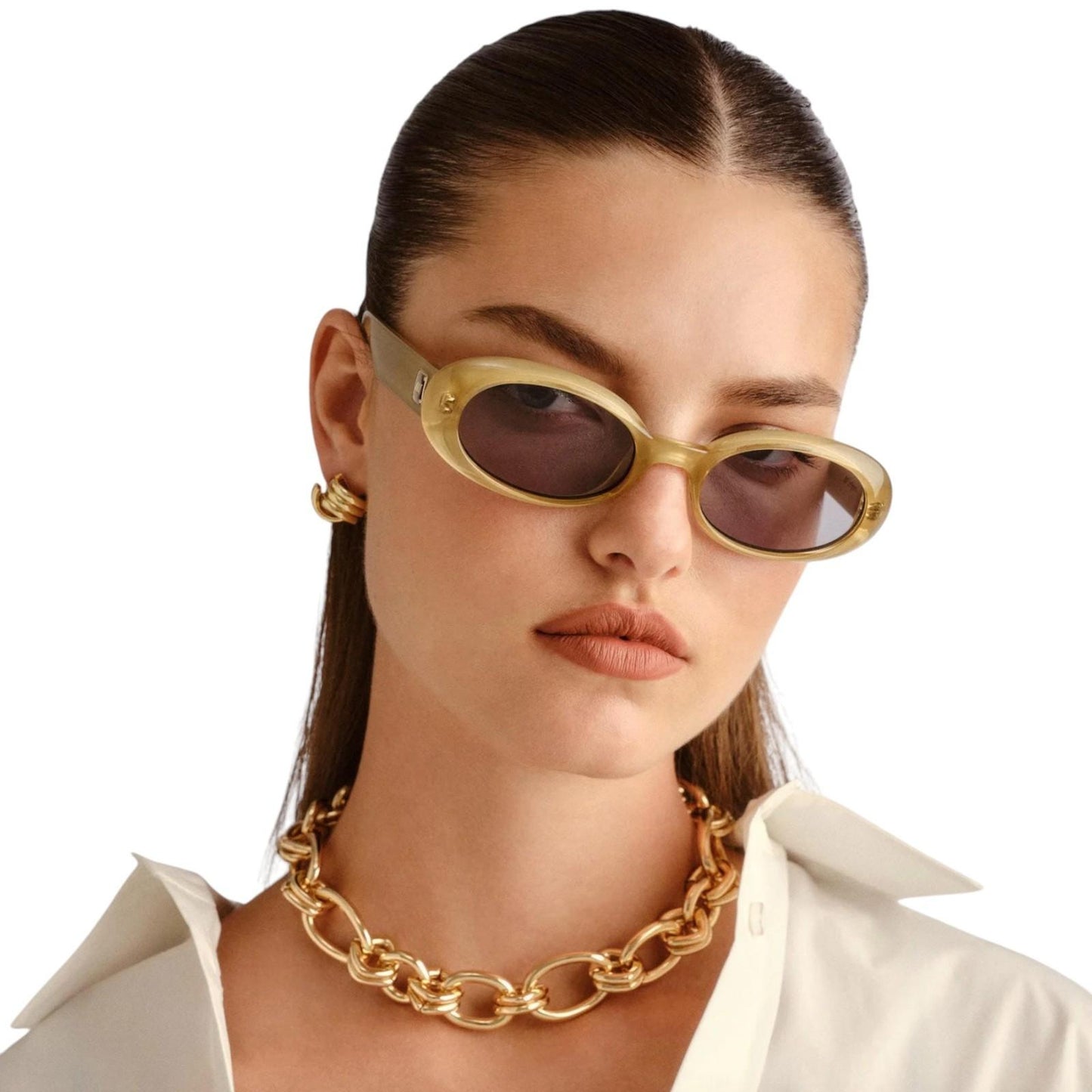 Le Specs Work It Sunglasses | Small Oval, Champagne Pearl, Grey Lenses, Acetate