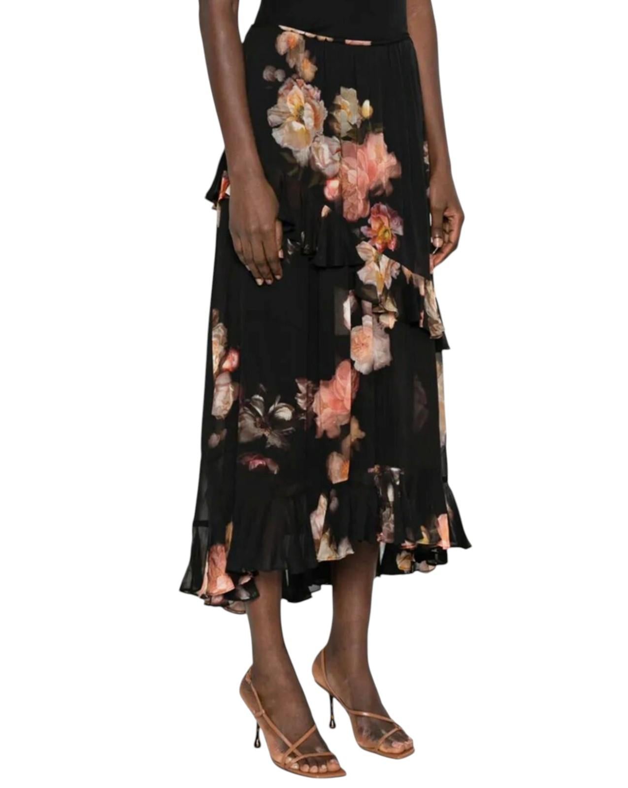 Zimmermann Hypnotic Asymmetric Midi Skirt | Floral, Black, Tiered, High Waist
