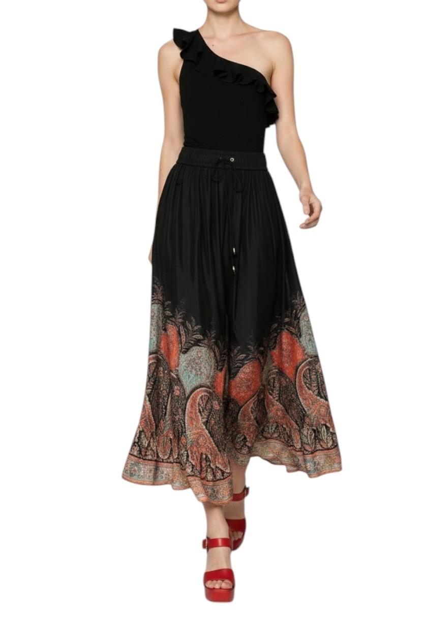 Zimmermann Rhiannon Ruffle Maxi Skirt | Black Paisley, Drawstring Waist, Silk