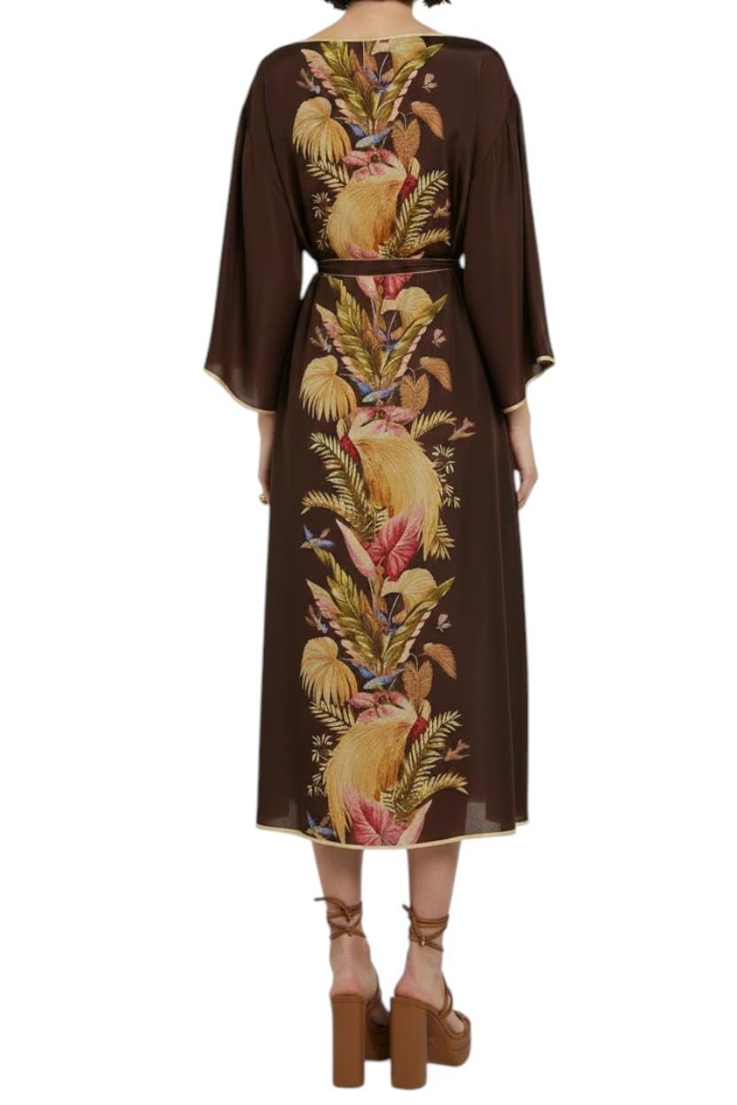 Zimmermann Ascension Tunic Midi Dress | Burgundy Palm Floral, Silk, Belt, Kimono